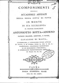 Componimenti in morte di Antoniotto Botta Adorno, Biblioteca Universitaria di Pavia, Miscellanea Belcredi 43⁄5