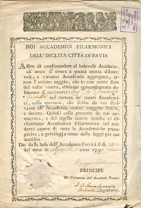 Documento di aggregazione ai Filarmonici di Vincenzo Favalli (1791). Biblioteca Civica Bonetta di Pavia, Carte Bonetta cart. 6 n. 1 rep. 131