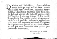 Invito del principe Lorenzo Mascheroni ad un’accademia con tema L'eloquenza. Biblioteca Universitaria di Pavia, Ticinesi 533.3/598
