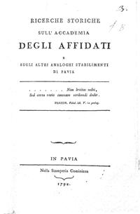 Ricerche storiche sull'Accademia degli Affidati. Biblioteca Universitaria di Pavia, Miscellanea Belcredi 43/1B