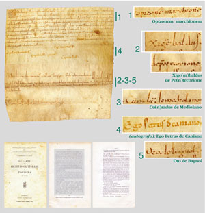  1165 dicembre 13, Tortona. Trascrizione: GABOTTO E LEGÈ, Le carte dell’Archivio Capitolare di Tortona (Sec. IX-1220), n. LXI, pp. 83-4, da copia seicentesca ora irreperibile di originale già disperso nel 1905. Secondo originale, Godiasco, Archivio Malaspina ora di propriet del comune di Godiasco, cart. 68
