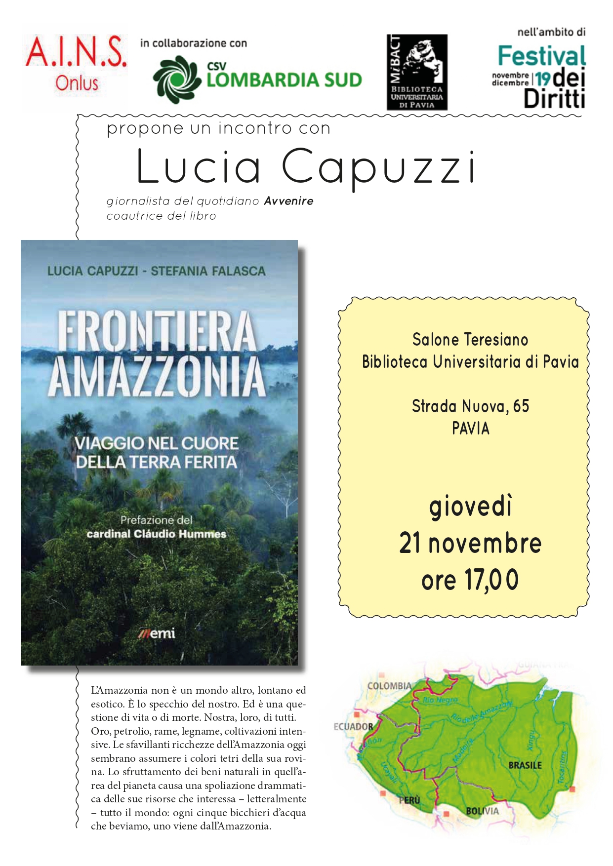 Locandina Lucia Capuzzi, Frontiera Amazzonia. Viaggio nel cuore della Terra ferita